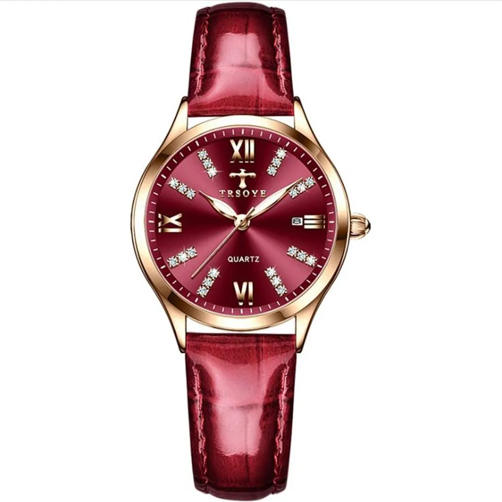 TRSOYE marque vin rouge cadran tempérament montre pour femme bracelet en cuir respirant dames montres fonction lumineuse montre-bracelet à la mode 251C