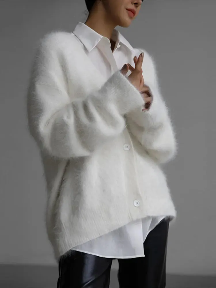 Luxurious Angora Wool V Neck Cardigan For Women Fashion Knitted 