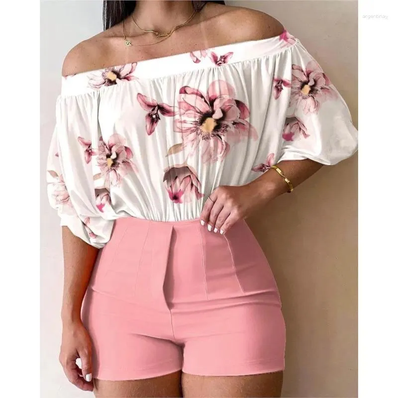 Fatos femininos moda floral impressão plissado fora do ombro topos e shorts 2 peça conjunto sexy uma linha pescoço manga bolha mulheres