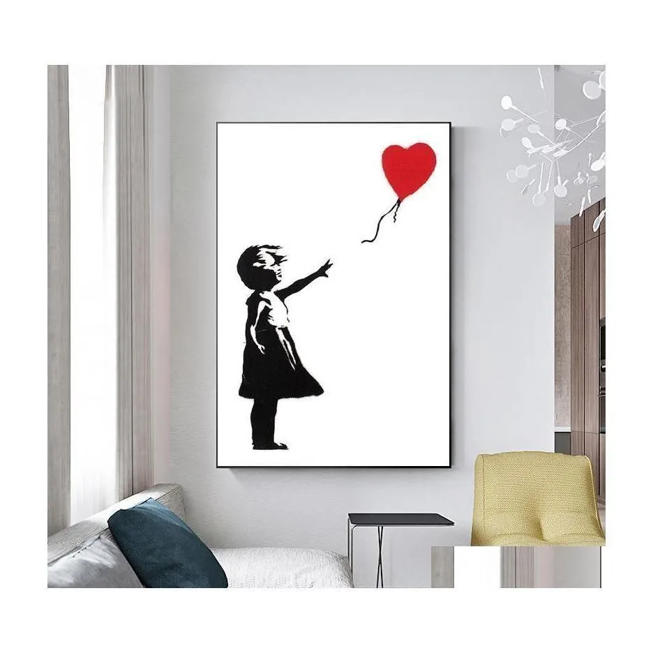 Dipinti Ragazza con palloncino rosso Banksy Iti Arte Tela Pittura Poster da parete in bianco e nero per soggiorno Decorazioni per la casa Cuadros D Drop Dhi3O