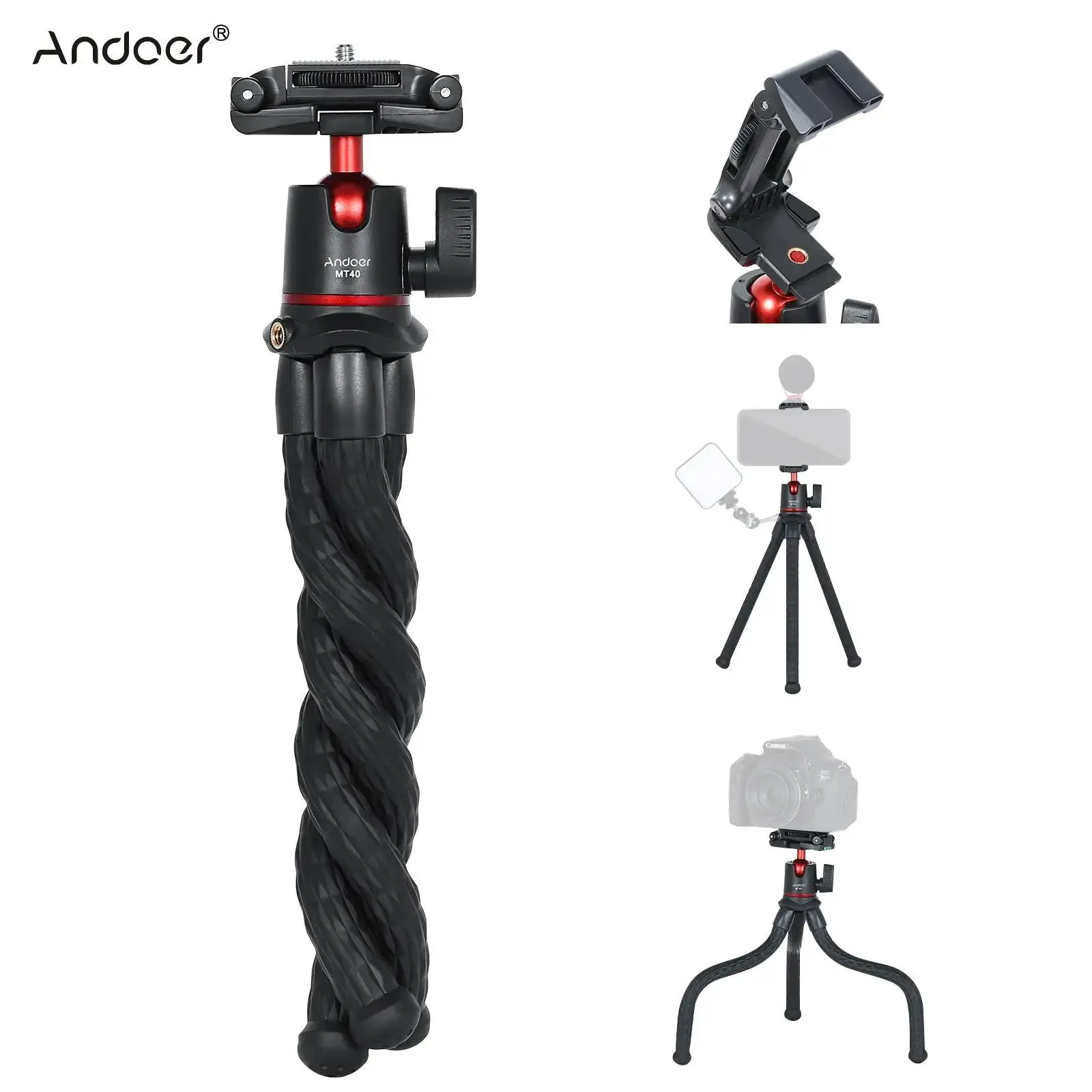 Accessoires Andoer MT40 Flexible Octopus Trépied Support De Bureau Vlog Support 1/4 "Support De Téléphone À Vis 2en1 Support De Chaussure Froide Pour Smartphone Caméra