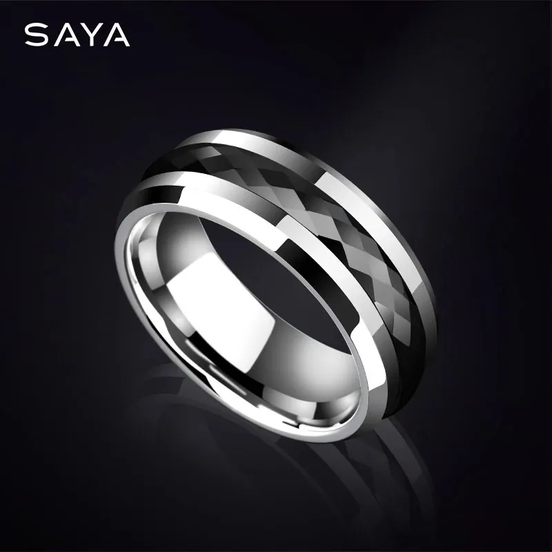 Wedding Rings Ring for Men 8mm Width Tungsten Carbide Inlay Black Multifaceted Ceramic Ring for Wedding Customized 231215