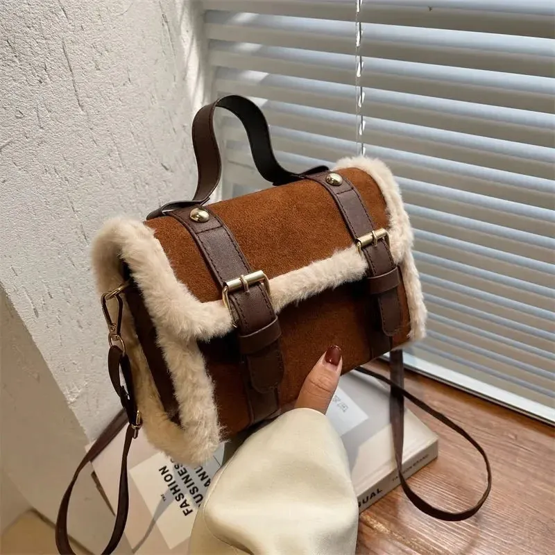 Winter Crossbody Bags for Women Shoulder Bag Lamb Plush Velvet Lady Small Square Handbag French Korea Style 240110