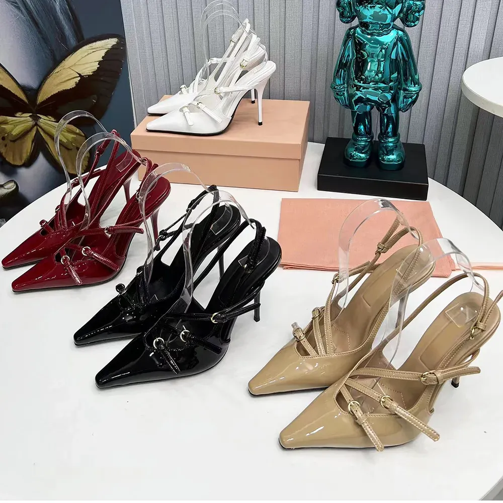 DHgate Designer Shoes Women s Lacquer Leather Open Heel Buckle 100mm Luxury Pointed Thin High Heels Party Dress Shoes Ankle Strap Sexy Wine Red Shoes Accessories