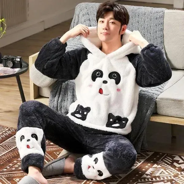 Mäns Sleepwear Cartoon Fleece Sleope Men Winter Long 5xlr Pyjamas Flanell Plush Set Suit Nightwea Warmthated Coral Home Hooded