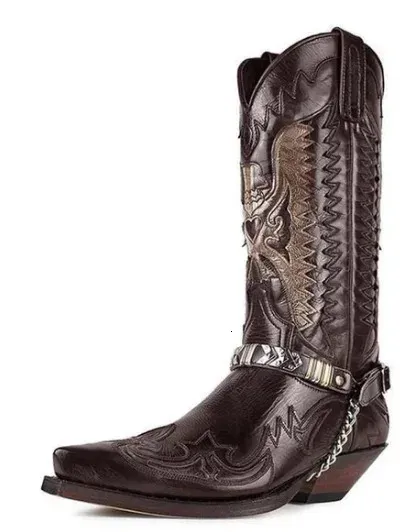 Bottes Bottes mi-mollet pour hommes d'hiver bottes de cowboy occidentales en simili cuir rétro pour hommes bout pointu bottes de moto cool en plein air chaussures 231215