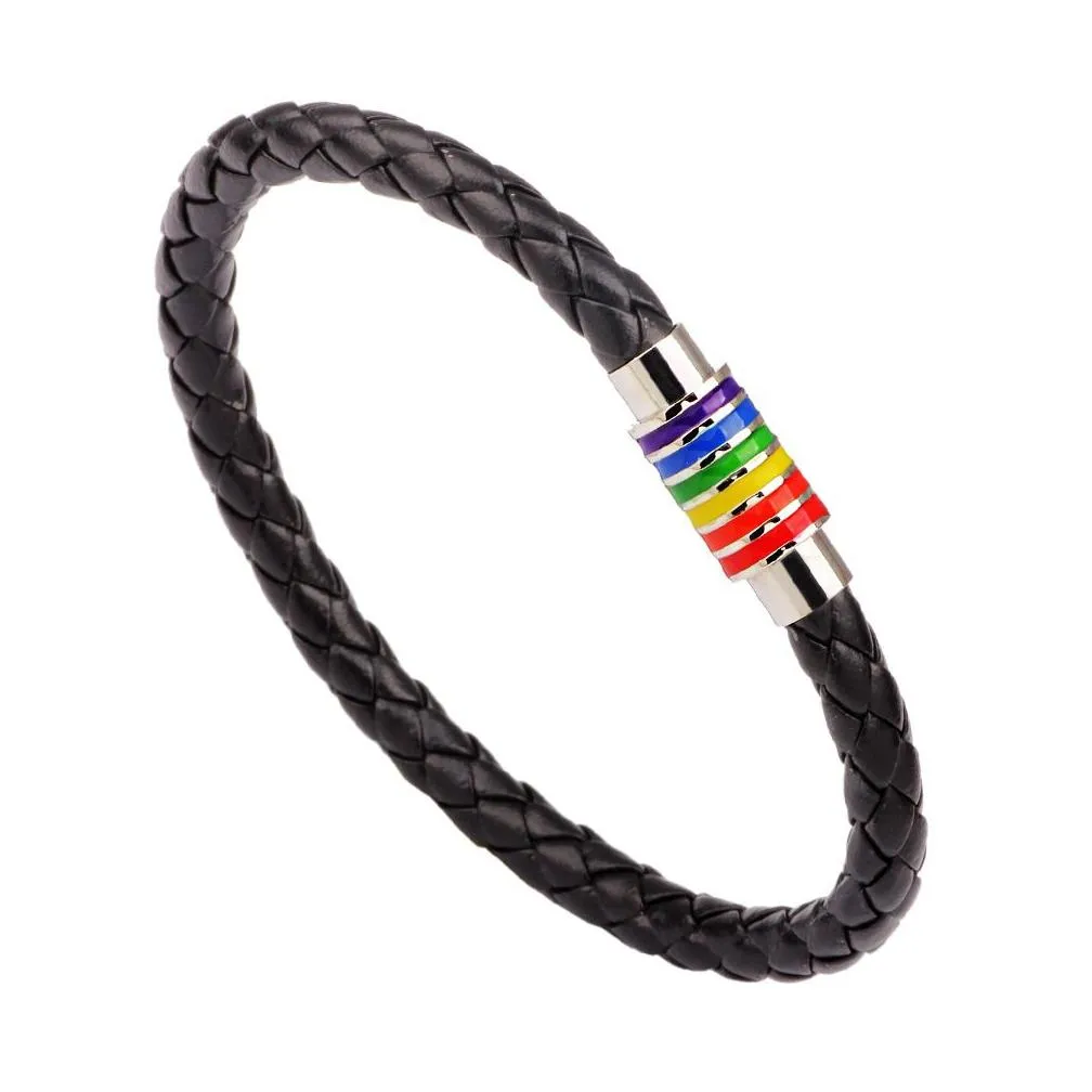 Braccialetti con ciondoli Bracciale magnetico Bracciale rigido in acciaio inossidabile Donna Uomo Regalo Gay Pride Arcobaleno Nero Marrone Vera pelle intrecciata Goccia Del Dhizq