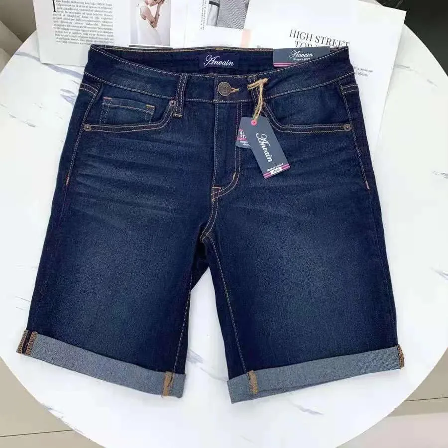 Jeans sommar mode shorts kvinnor hög midja knälängd jeans elastiska flänsande byxor feminino fem poäng denimshorts plus storlek