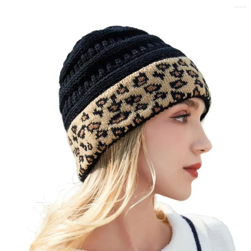 Boinas de invierno con tapa de lana, gorros para mujer, gorros térmicos de punto de leopardo para adultos, gorros cálidos de moda para mujer