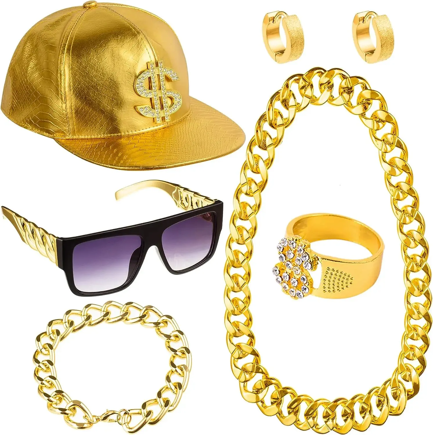 Stud PESENAR 80s 90sHip Hop kostuum Kit metalen ketting Flat Top zonnebril Rapper grote ketting en armband Hip Gold Cap 231216