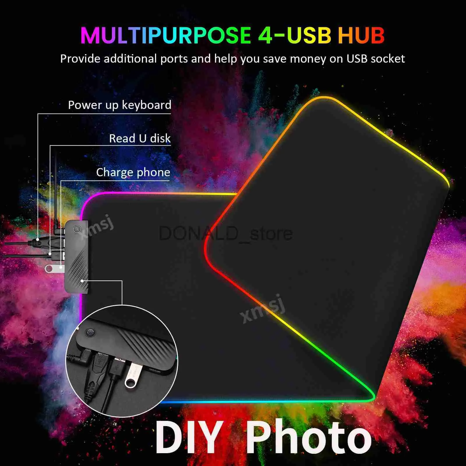 Mouse Pads Wrist Rests RGB 4 Usb Hub Multipurpose Custom DIY Your Own Picture Gaming Mouse Pad LED Light Gaming Accessories Mousepad Xxl Desk Mat J231215