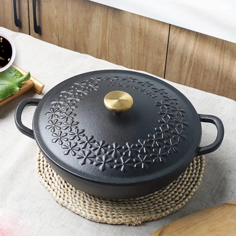 SOUP STOCK POTS 28 cm Flower Relief Dutch Oven Black Nonsticks Cast Iron Pot With Lid Nurbs Casserole Kitchen Accessories Cooking Tools 231215