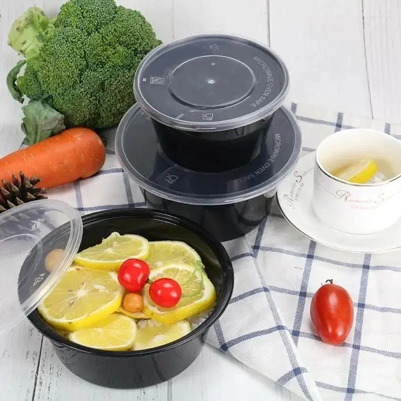 Sacs de rangement 50pcs noir jetable boîte à lunch épaissie emballage circulaire chauffable en plastique à emporter Packa salade de fruits bol de conservation