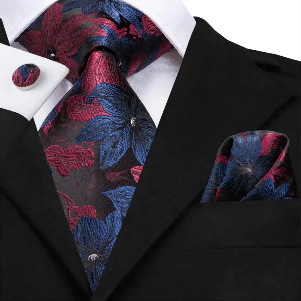 Cravatte SN3125 HiTie 85 cm Cravatta da uomo in seta floreale Rosso blu cravatte per gemelli classici da taschino per matrimoni da festa Set di lusso 231216