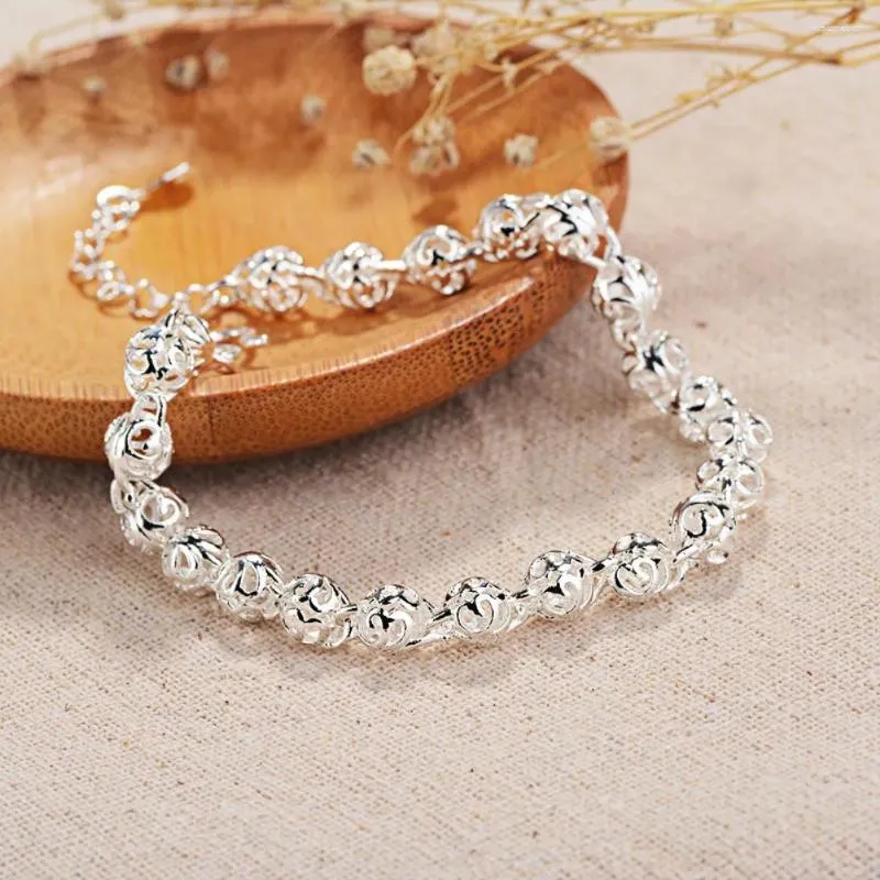 Bracelets de charme Jolie belle chaîne de boule creuse 925 timbre bracelet en argent pour les femmes mode fête de mariage cadeau de vacances bijoux fins