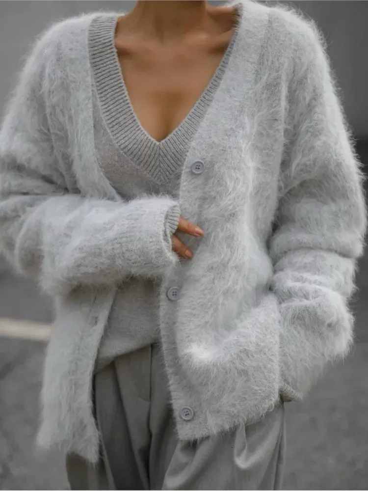 【IONSEOUL】Thick Angora Semi Over Cardigan 4FM176 Angora Sweaters For Women V Neck Knitted Cardigan, Soft