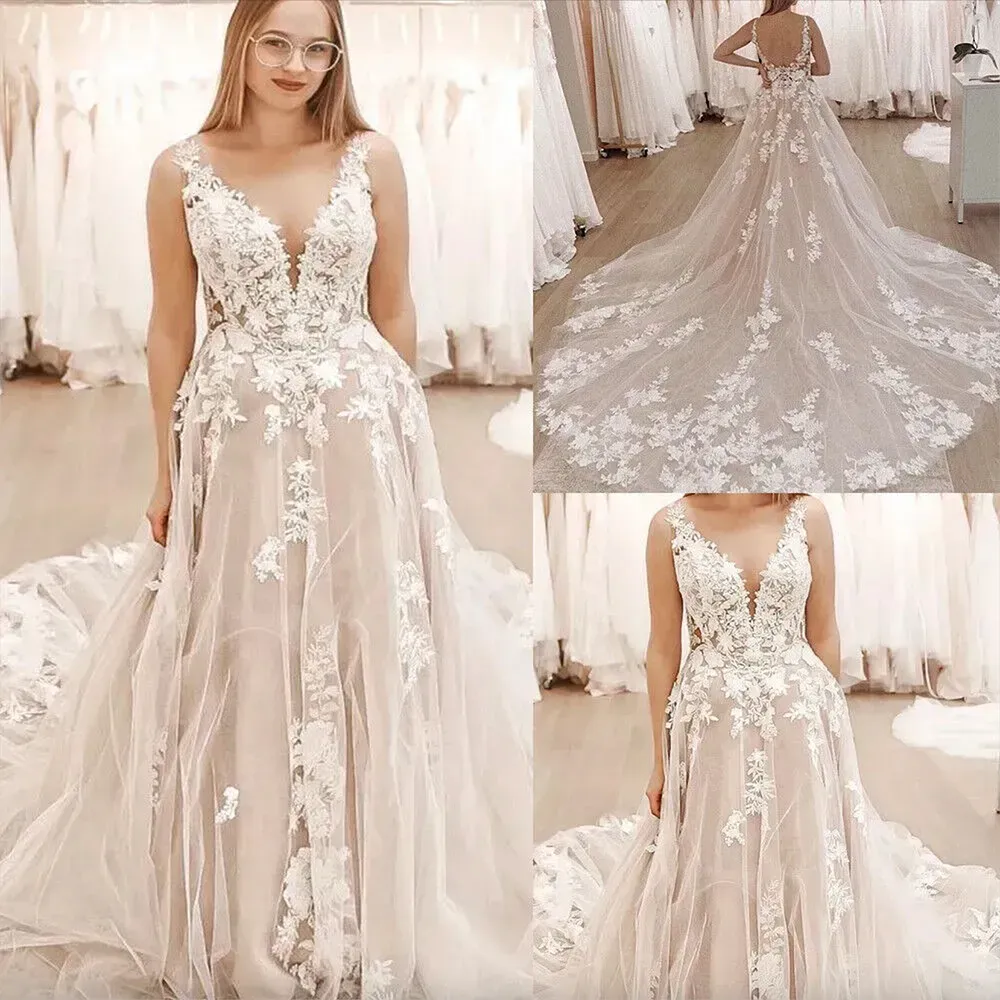 2023 Robes de mariée magnifiques robe de mariée col en V bretelles sans manches tulle une ligne dentelle applique sur mesure balayage train plus taille country beach vestido de novia