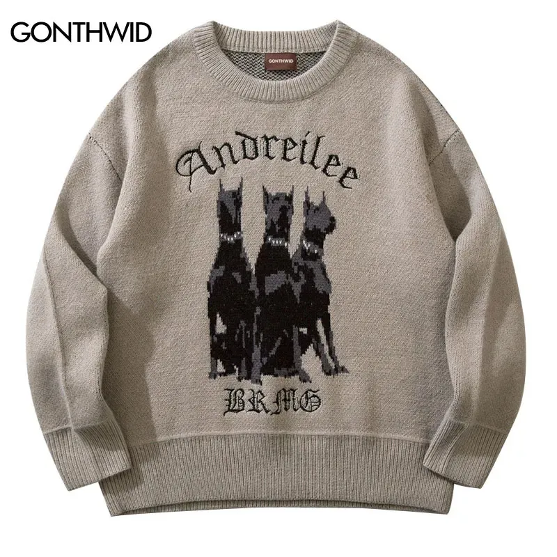 Herrenpullover Männer Vintage Pullover Y2K Streetwear Hip Hop Vintage Gestrickte Dobermann Hund Pullover Herbst Harajuku Mode Retro Casual Pullover 231215