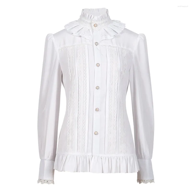 Blusas femininas Moda Mulheres Vintage Victorian Camisas e Blusa Sólida Branco Gótico Stand Collar Lace Lolita Lotus Ruffle Tops Camisa Feminina