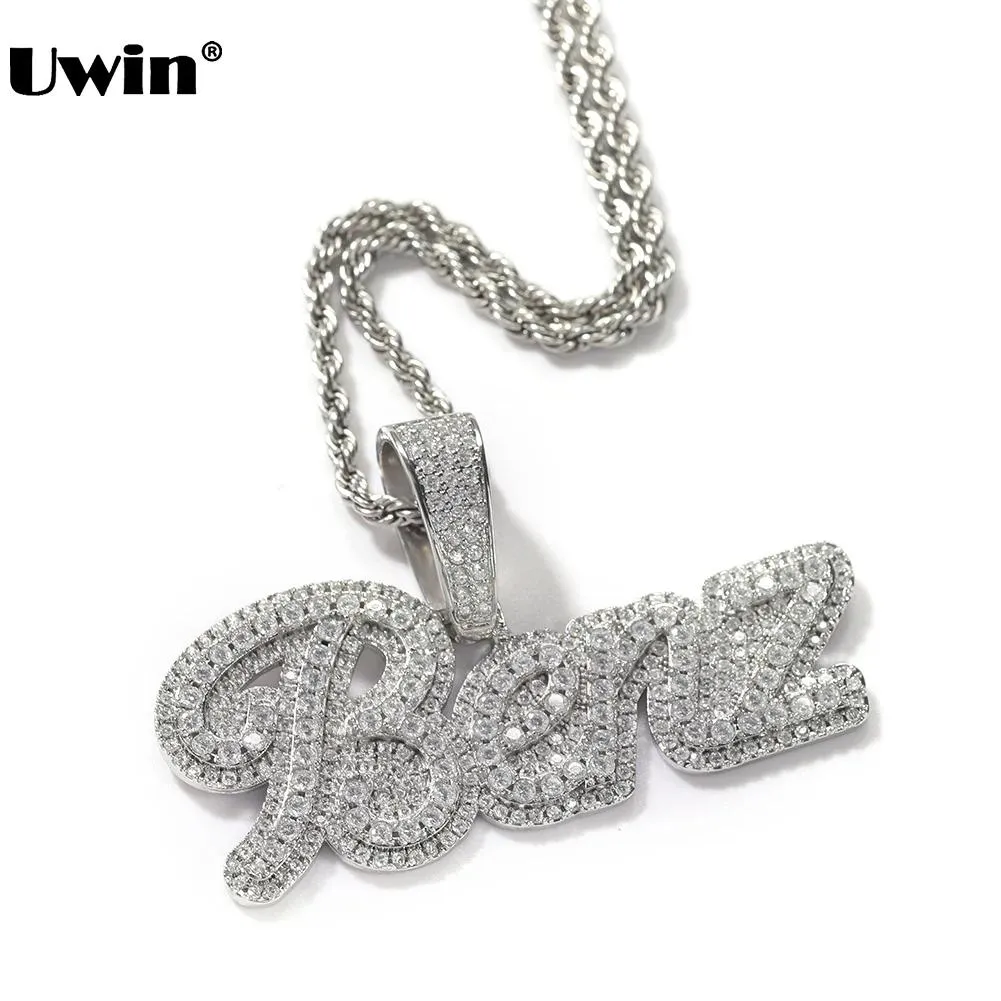 Necklaces Uwin Custom Made 2 Layers Brush Cursive Name Necklace Tennis Chain Micro Paved Cz Letter Pendants Personalized Hiphop Jewelry