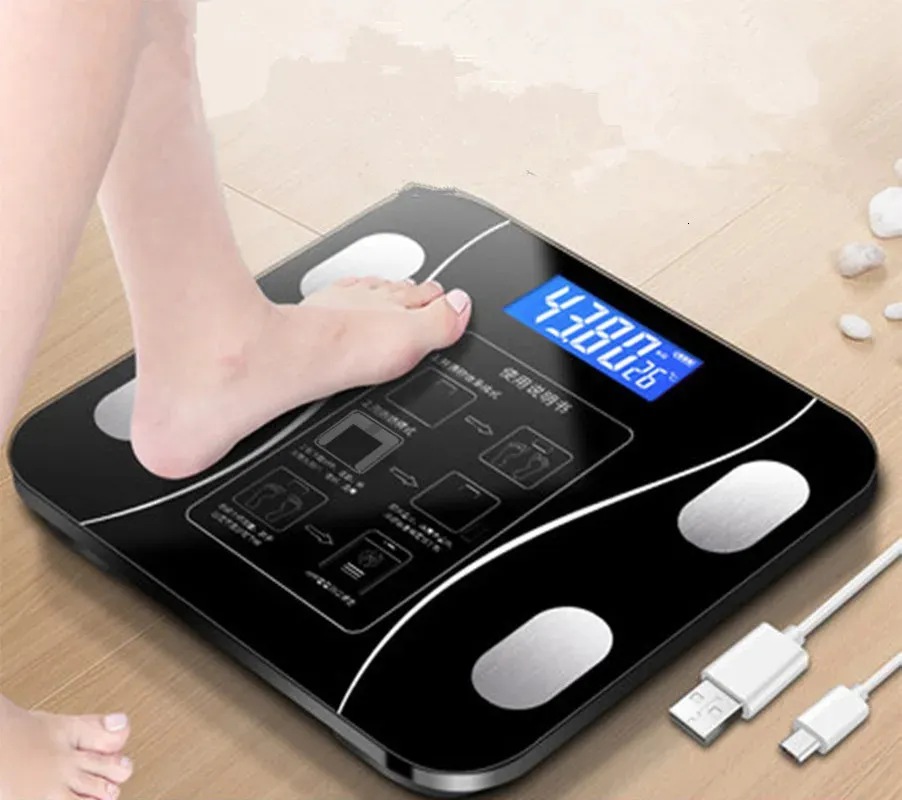 Hushållsskalor Smart Body Fitness Compositions Health Analyzer med smartphone -appskala USB -laddningsbar trådlös digitalvikt 231215