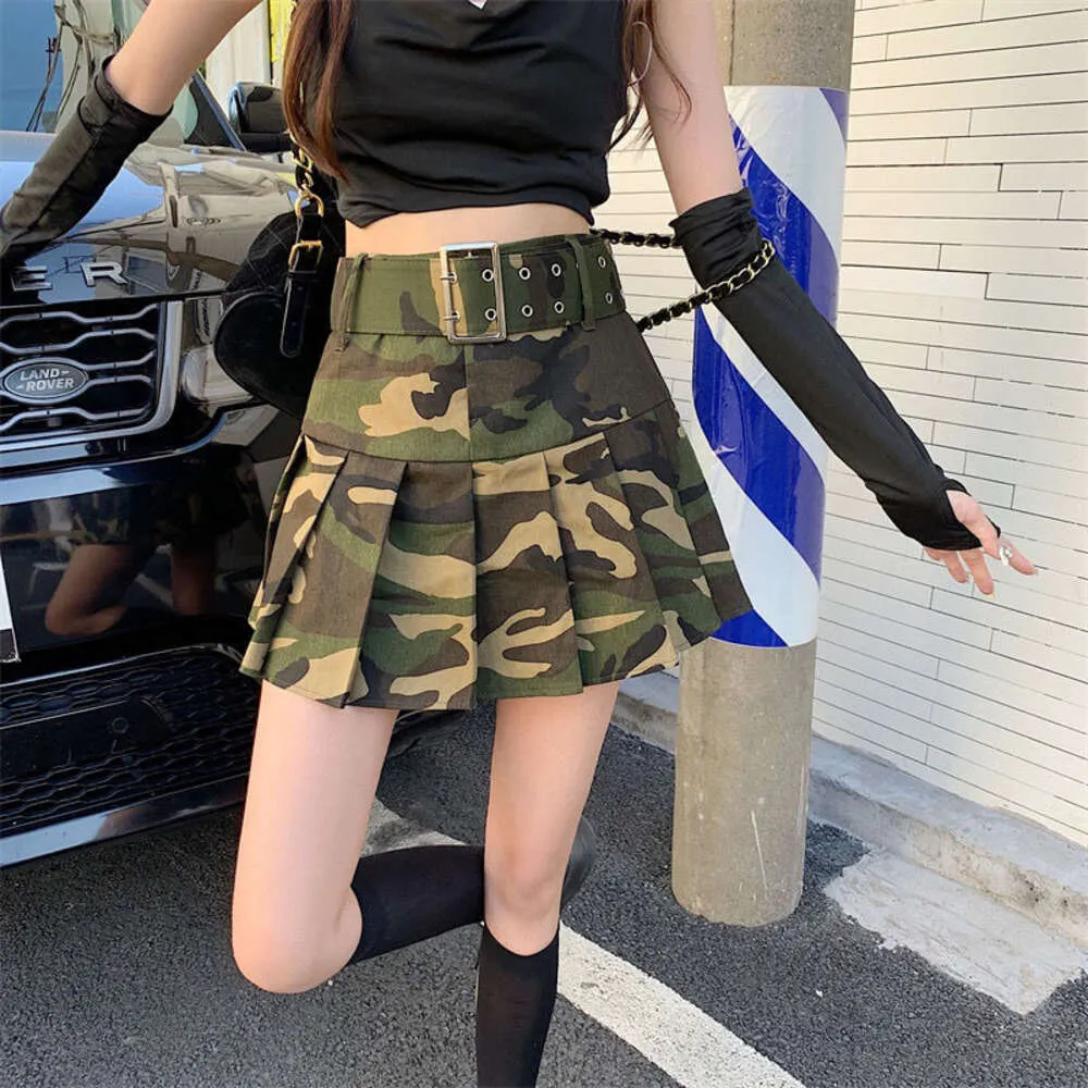 American New Retro Army Green Camouflage frock kvinnlig y2k trend hög midja smal het tjej miniskirt veckad kjol