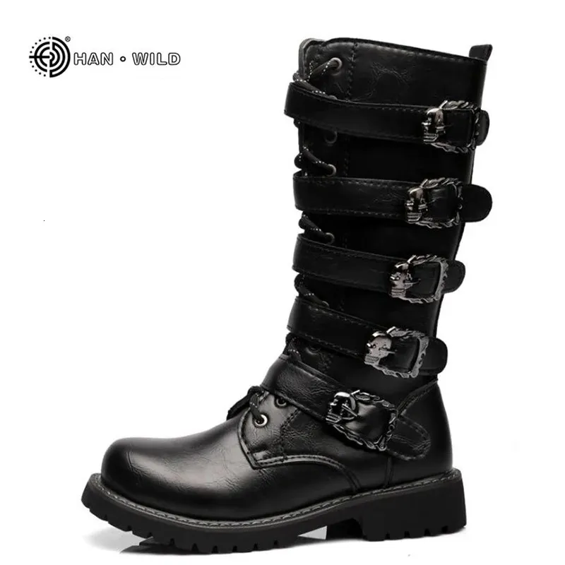 Boots vinter män motorcykel stövlar mode mitten av kalv punk rock punk skor mens pu läder svart hög topp casual stövel man 231216