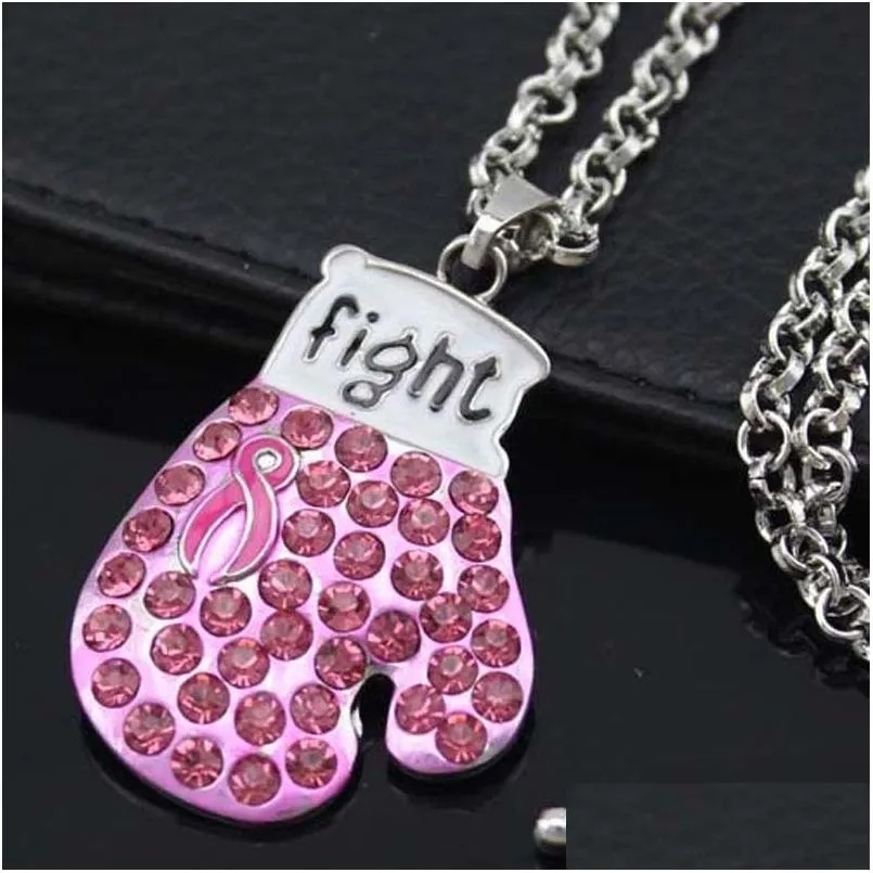 Anhänger-Halsketten Anhänger-Halsketten 10 Stück Großhandel Ankunft Brustkrebsbewusstsein Pink Ribbon Schmuck Halskette Kampfbox Handschuhe D Dhd6C