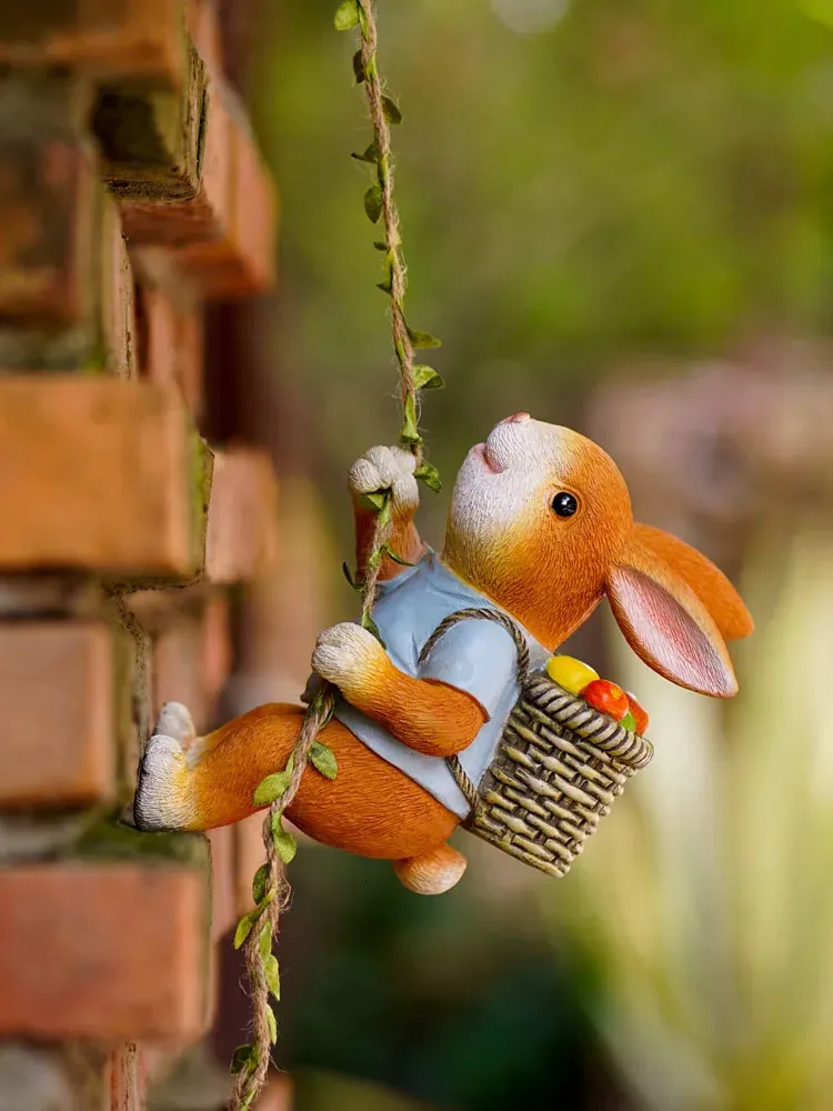 装飾的なオブジェクトの図形のかわいい樹脂ウサギ像を運ぶフードクライミングロープ屋外動物彫刻ホームオフィスガーデンバルコニー装飾クラフトギフト231216
