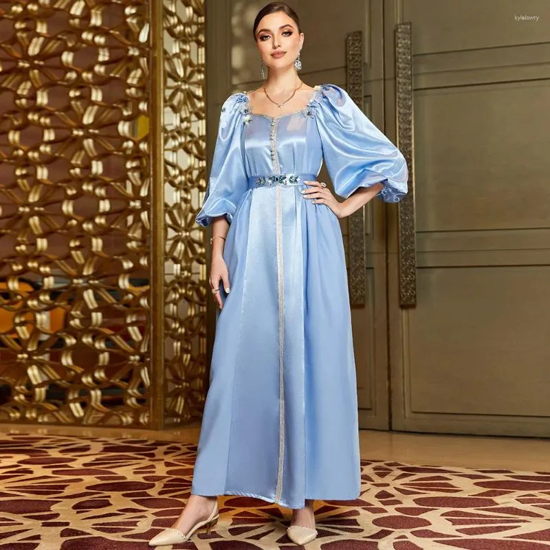 Etniska kläder Elegant glänsande abaya muslimska kvinnor puffhylsa maxi party klänning dubai kalkon kaftan marocko bälte kaftan islamisk jalabiya