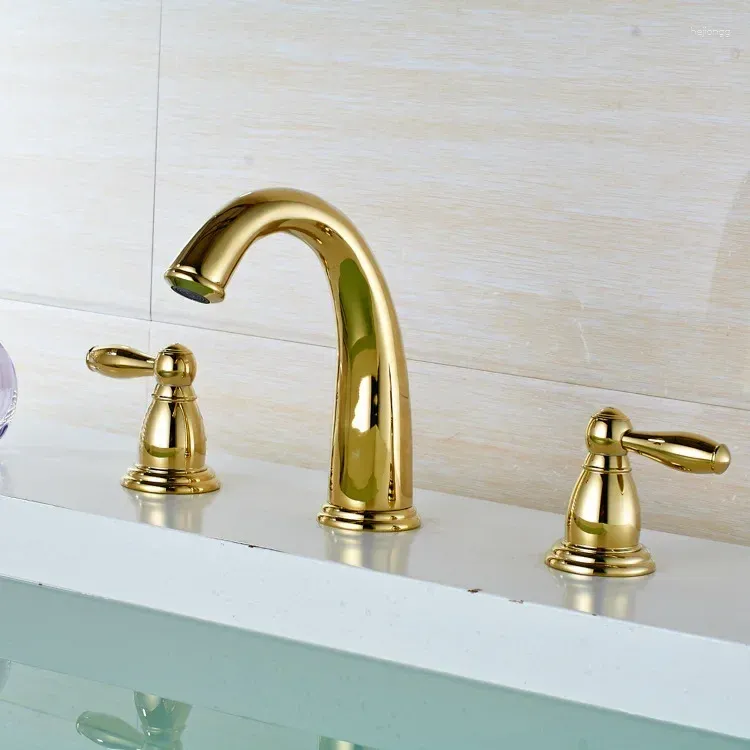 Bathroom Sink Faucets Vidric 3 Piece Set Faucet Mixer Deck Mounted Tap Basin Ceramic Copper Golden Finish