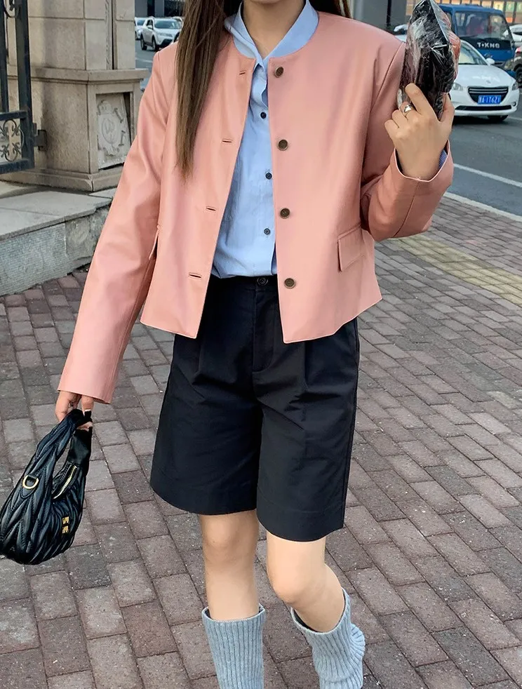 女性用の新しいコート、女性用ピンクジャケット、短い革のジャケット