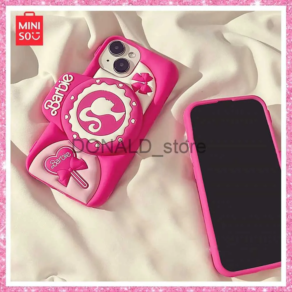 Capas de telefone celular canecas 2023 Nova Miniso Barbie Soft Silicone Cartoon Rose Red Camera Holder Iphone13/14/15 Capa para meninas Aniversário e presente de Natal J231216