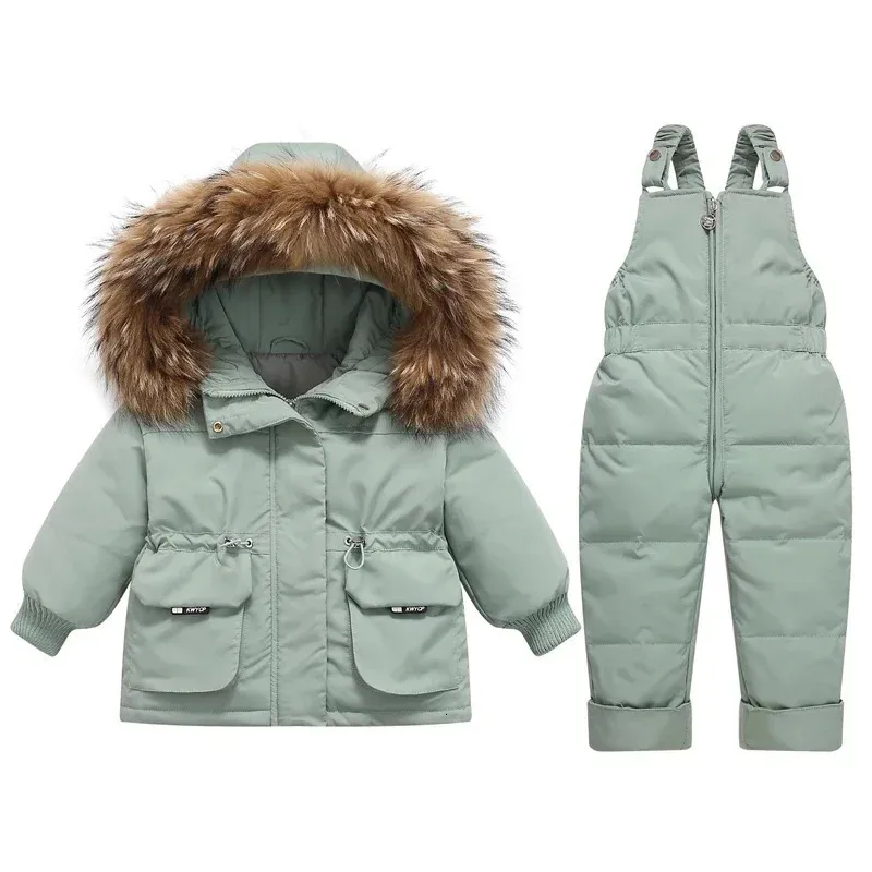 Casaco de inverno para crianças conjunto de roupas -30 graus para baixo jaqueta macacão bebê menino parka real pele menina criança grossa quente snowsuit 231215