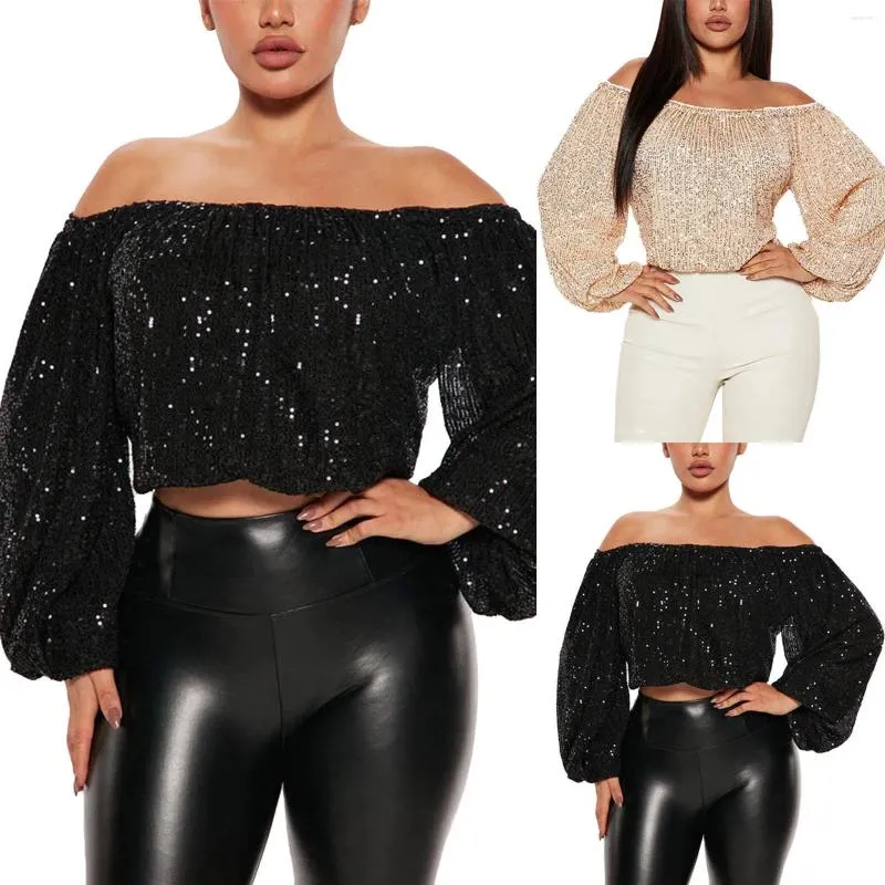 Women's Blouses Long Sleeve Sequin Tops For Women Off The Shoulder Glitter Sparkly Dressy Party Shirts Holiday Evening