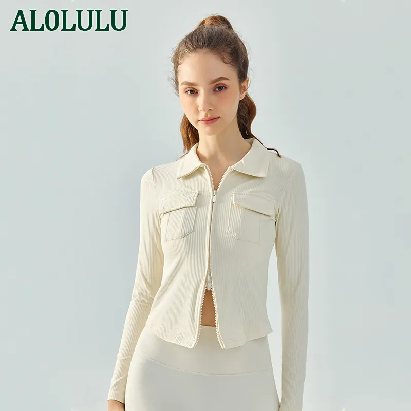 Al0lulu med logo Sport Lapel Double Zip Jacket Cardigan Fitness Top