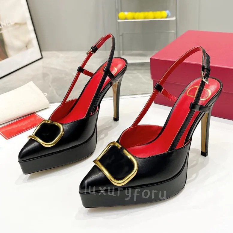 Women Sandals Designer Dress Shoes Satin Platform High Heels Fashion Pointed Banquet Rhinestone Metal Button Decoration 15CM Sexy Party Shoe Size 35-41