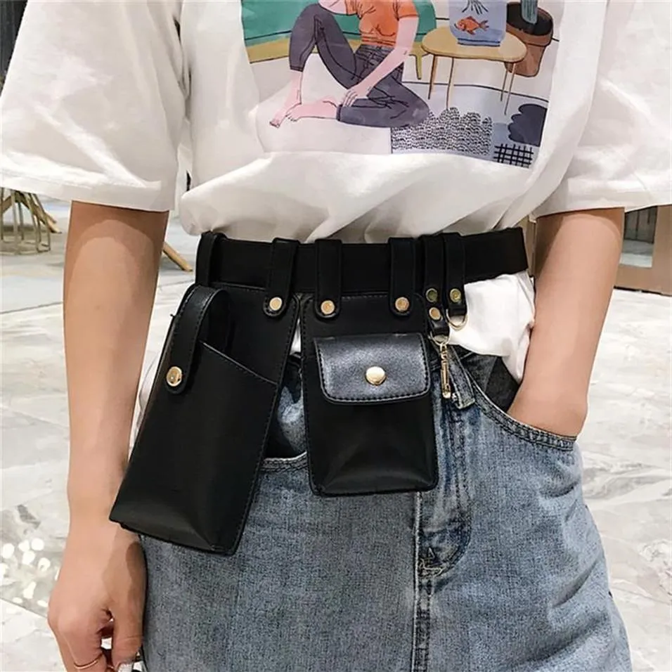 Punkstijl Dual Pouch Women Belt Bag Keychain PU Lederen Taille Tassen Fashion Fanny Pack Letter Print Design Stylish208H