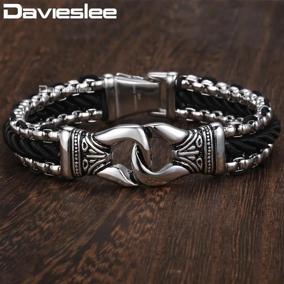 Davieslee Moda Uomo Bracciale in pelle artificiale Bracciale in acciaio inossidabile con collegamento a nodo Bracciale con ciondolo 12 13mm Colore oro argento DHB496286g