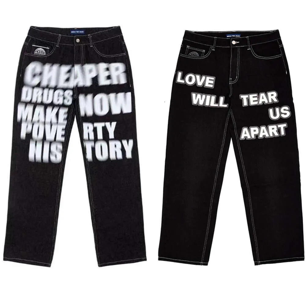 Männer Hosen Minus Zwei Hip Hop Brief Grafik Druck Baggy Jeans Schwarz Männer Frauen Neue Haruku Gothic Breite Hosen streetwear