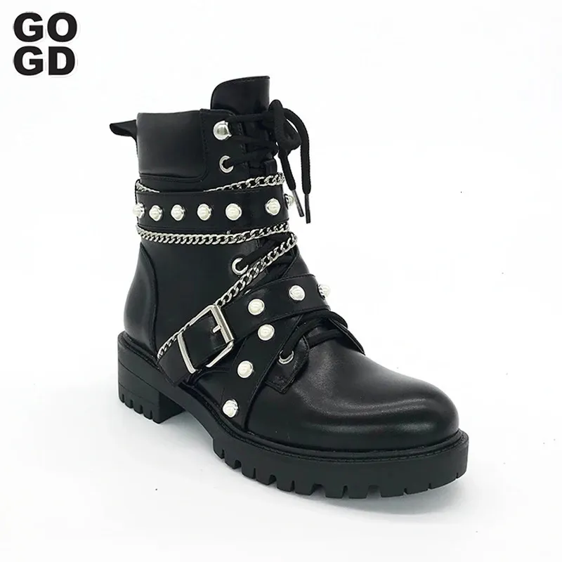 Stövlar Gogd Fashion Women S fotled est 2023 Plattform Buckle Strap Nitets Pearl Thick Sole Shoes Motorcykel Punk Style 231216