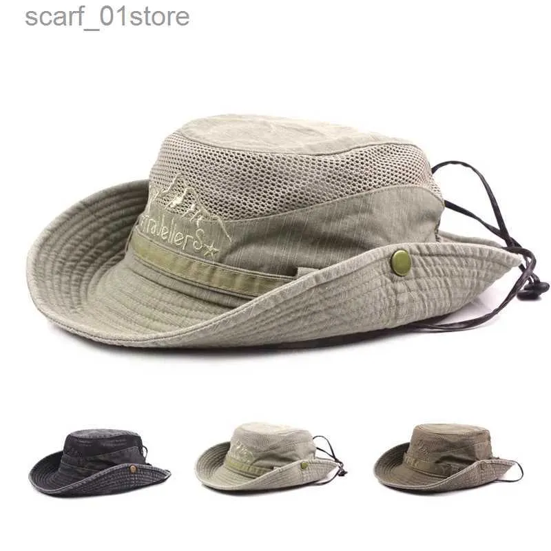 Cappelli a tesa larga Cappelli a secchiello Cappello a secchiello per esterni Uomo Estate traspirante Panama C Cotone Giungla Pesca Cappello a rete Trekking Spiaggia Protezione solare Cs per uomoL231216