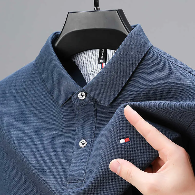 Polo americana a maniche lunghe da uomo in primavera e autunno T-shirt con base in cotone perlato con colletto nuovo e ricamo Giovani di mezza età B4H2