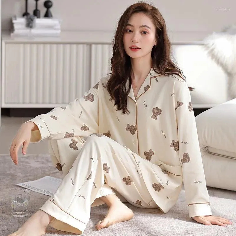 Kvinnors sömnkläder Bomullspyjamas outfit Spring Ladies Autumn Plus-dräkt Långärmad koreansk söta flickor loungewear set