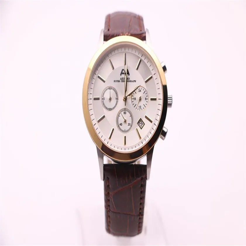 Men's Quartz Watch AEHIBO Three Eyes Multifunction Chronograph Calendar White Dial Gold Stainless Steel Case Brown Belt Clasp174h