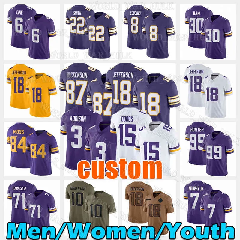 18 Justin Jefferson 87 T.J. Hockenson Football Jersey 15 Joshua Dobbs 8 Kirk Cousins ​​3 Addison TJ 22 Harrison Smith DJ Randy Moss CJ Ham 6 Lewis Cine John Randle 98 D.J. Wonnum