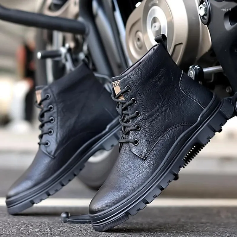 Botas masculinas de couro de alta qualidade estilo britânico plataforma rendas até dedo do pé redondo conforto casual sapatos de caminhada botas de cuero hombre