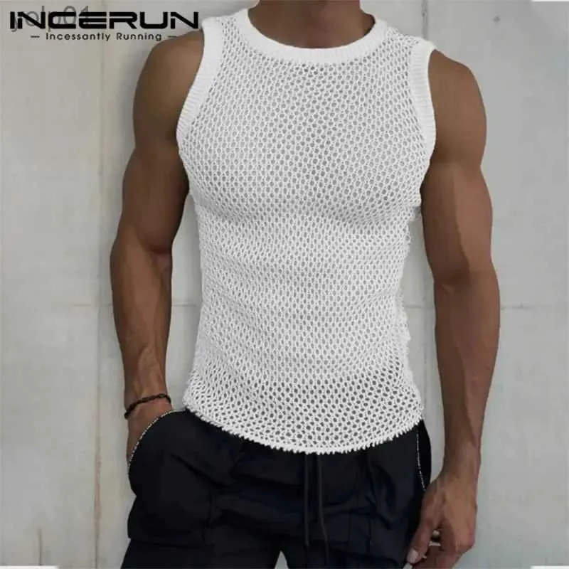 Men's T-Shirts Men Tank Tops Mesh Solid Transparent Sexy O-neck Fitness Streetwear Sleless Vests Summer Fashion Men Clothing S-5XLL231216