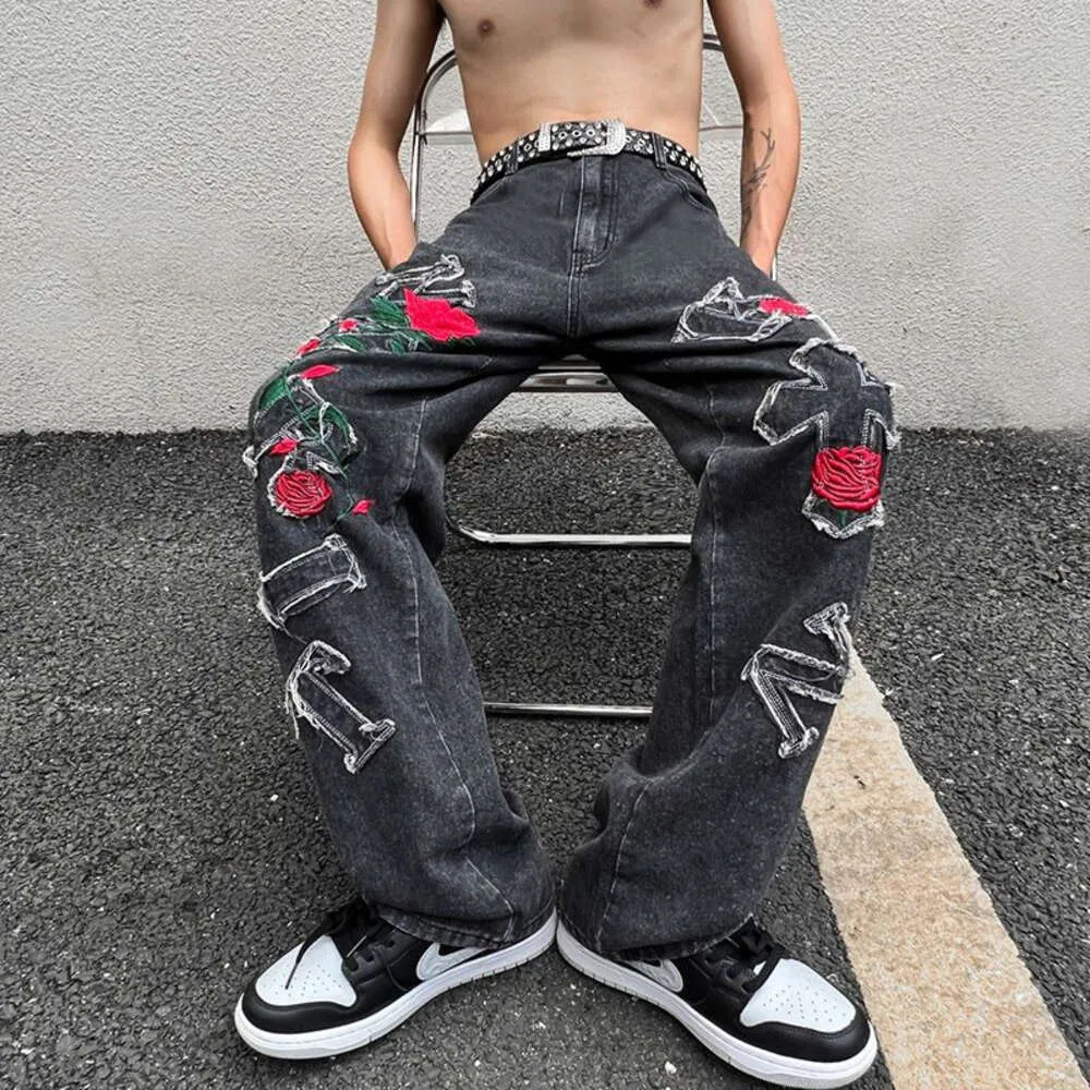 Y2k24 Baggy Jeans Embroidered Roses on Loose Wide leg Hiphop Streetwear Men s Trousers