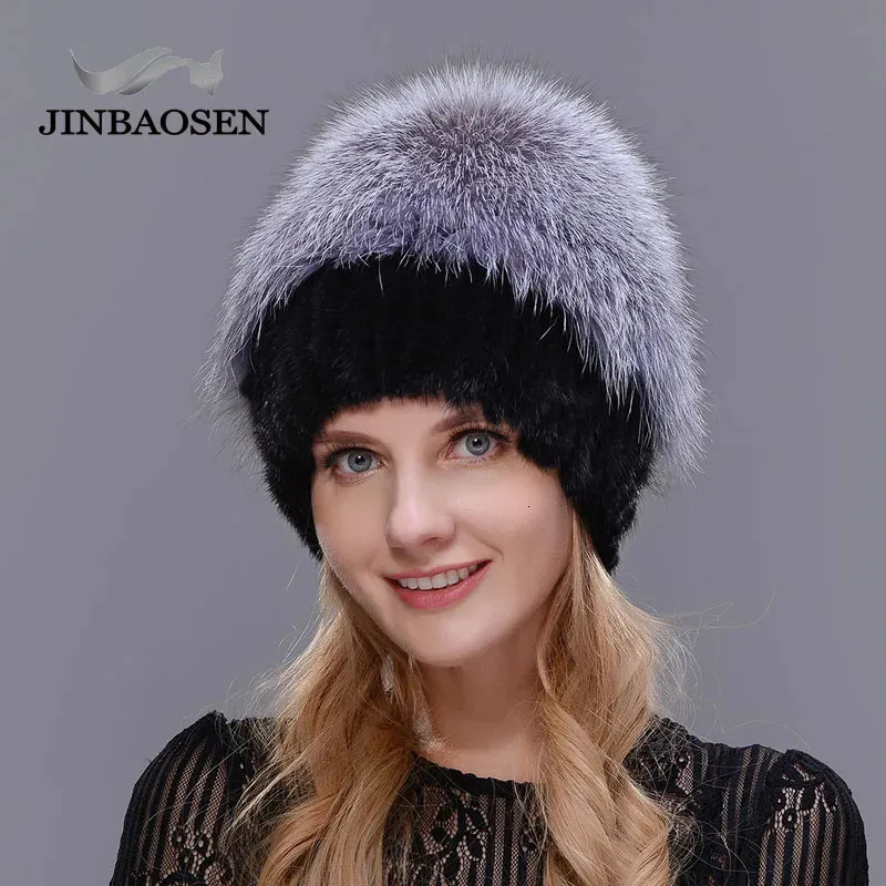 BeanieSkull Caps Jinbaosen Moda Chapéu Real Fox Fur Cap Viagem Compras Mulher Natural Mink Fur Feminino Inverno Qualidade Ski Hat 231215